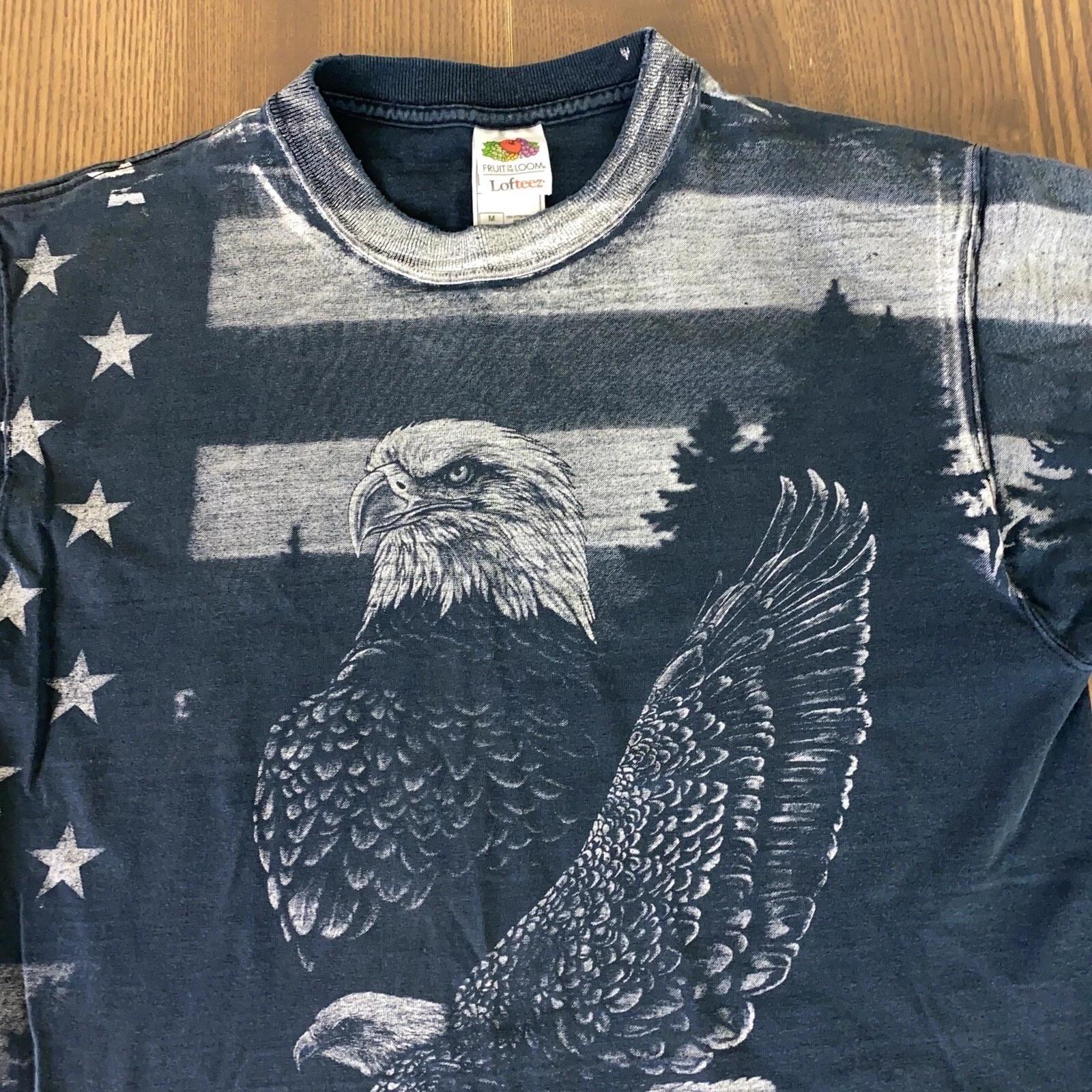 Little Big Horn Montana Eagle Flag Double Sided Medium Black Vintage 90s Shirt 2XL