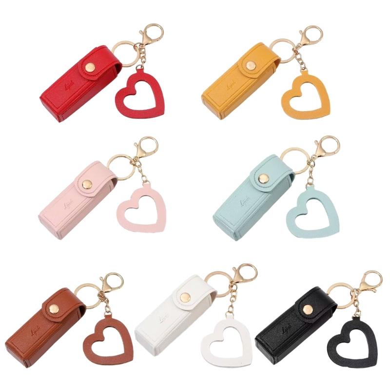 PU Leather Lipstick Bag Keychain Heart Pendant Mini Portable Key Chain Keyring