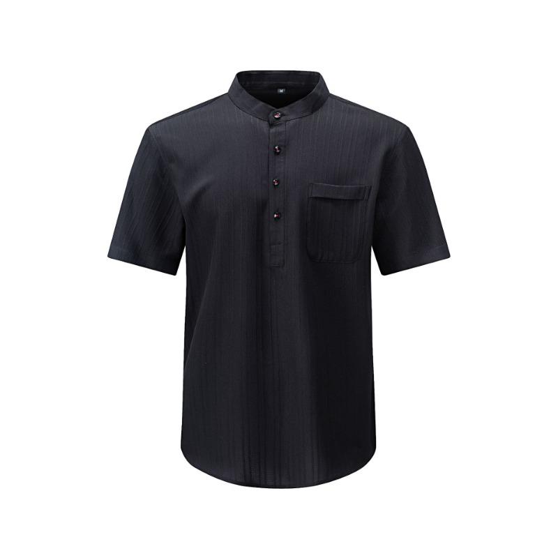 Fashionable Men's Shirt Sea Wave Strips Casual Short-sleeved Stand Collar Loose Solid Color Versatile Button Splicing Pullover