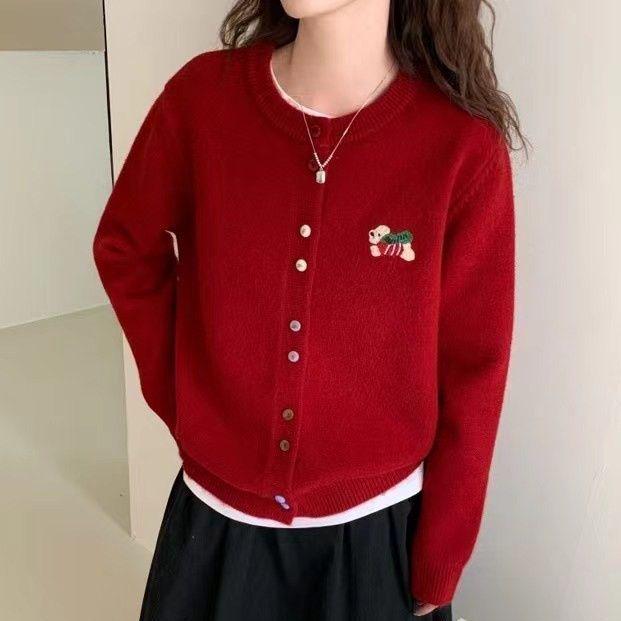Cartoon Puppy Knit Cardigan: Colorful Buttons, Plus Size Women s Korean Autumn/Winter Long Sleeve Sweater 3XL красный