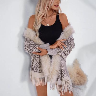 Women Leopard Print Fur Collar Loose Bat Sleeve Knit Cape Shawl Cardigan Sweater