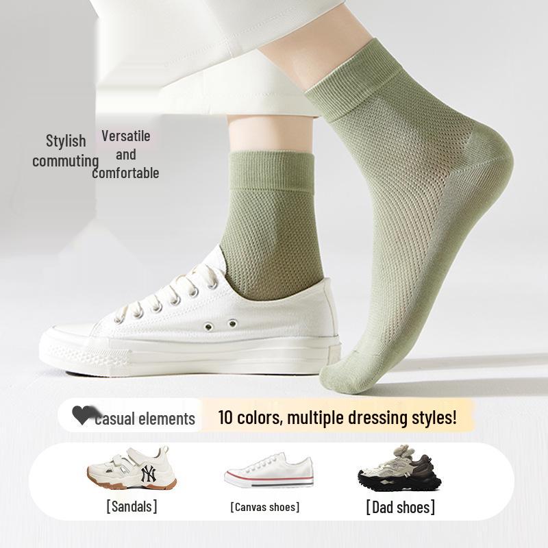Women's Summer Cotton Mesh Mid-Calf Socks - Sweat-Absorbent, Odor-Resistant, Breathable, Non-Slip, Boneless, White.