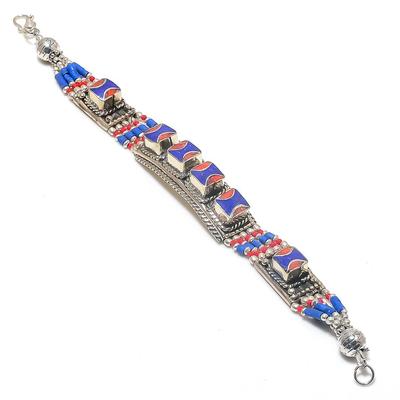 Naturrote Koralle, Lapislazuli Edelstein 925 Sterlingsilber Armband 7-8" t8F70