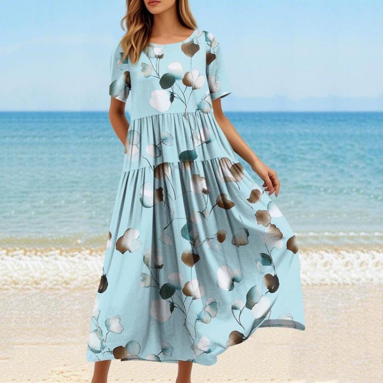 Women Summer Boho Floral Printed Loose Dress Round Neck Short Sleeve