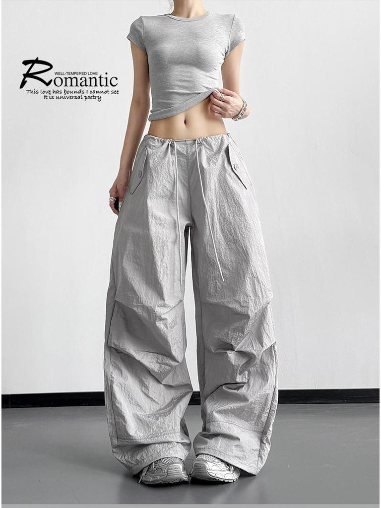 Women's Black Wide-Leg Paratrooper Pants - 2026 Spring Casual Outdoor Fashion