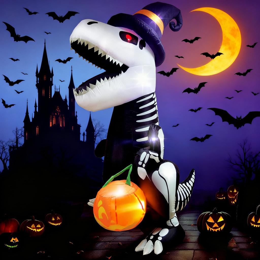Joyfy Halloween Inflatable 8 FT Skeleton Dinosaur with Build-in LEDs Pumpkin for Halloween Outdoor Blow up Yard Decorations