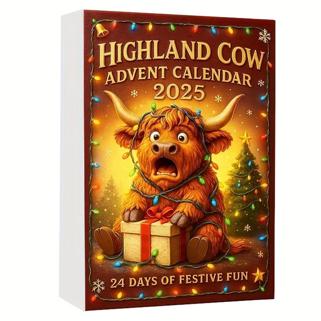 Highland Cow Christmas Countdown Calendar Durable Acrylic Hanging Design Holiday Decor Gift Box for Family Festive Decoration