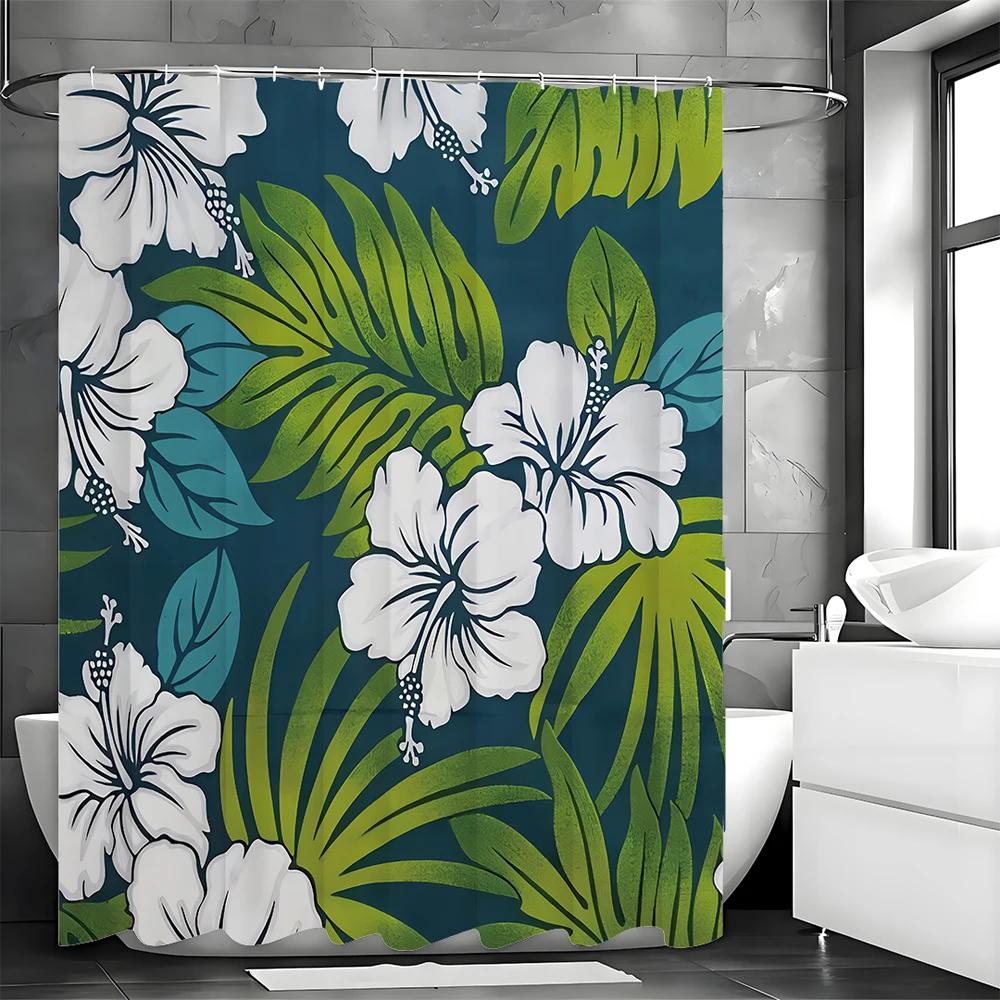 Zasłona prysznicowa z liści palmowych, białych kwiatów i niebieskich liści, dekoracyjna zasłona prysznicowa do łazienki, wodoodporna zasłona prysznicowa z haczykami