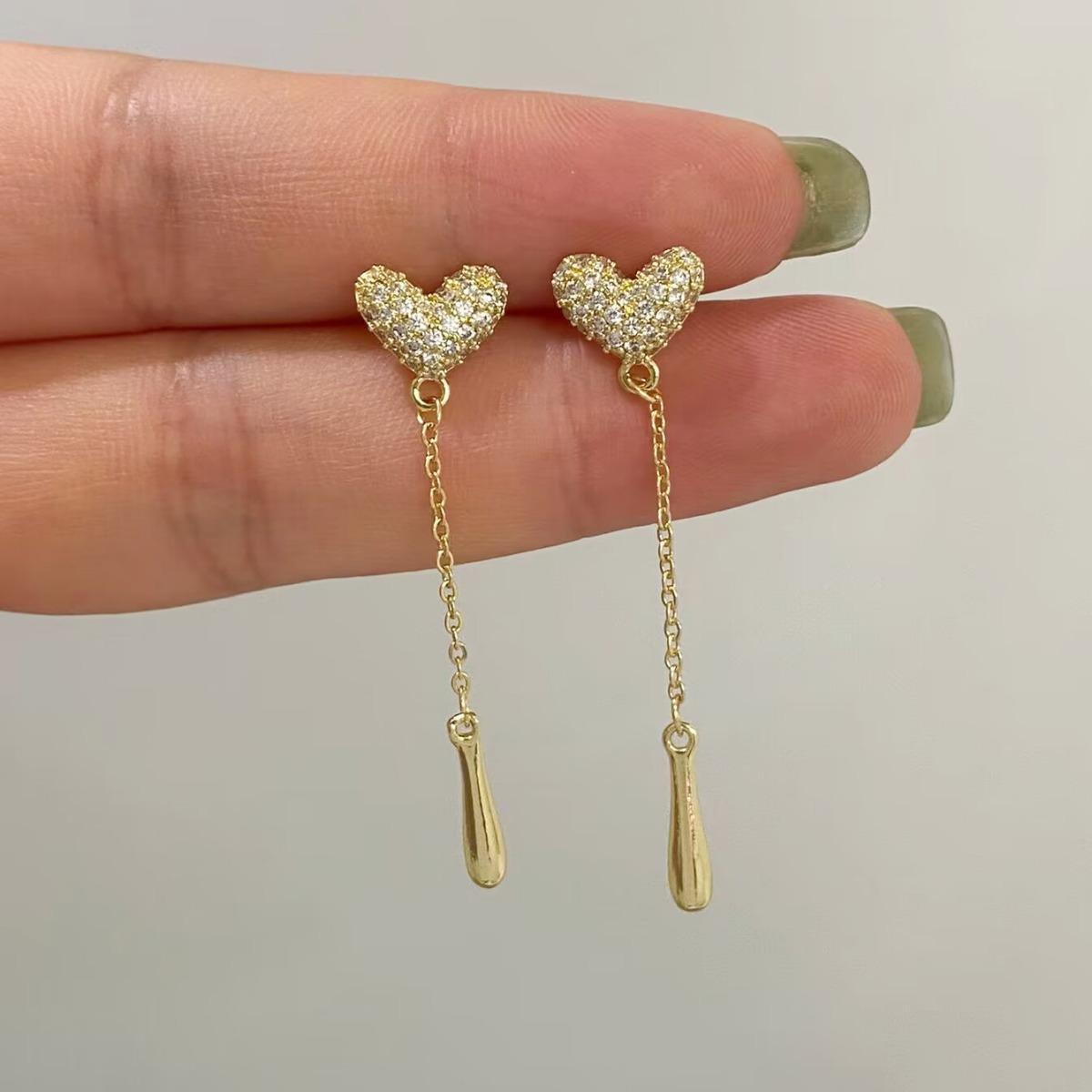 Elegant Zircon Heart Tassel Earrings with S925 Silver Stud