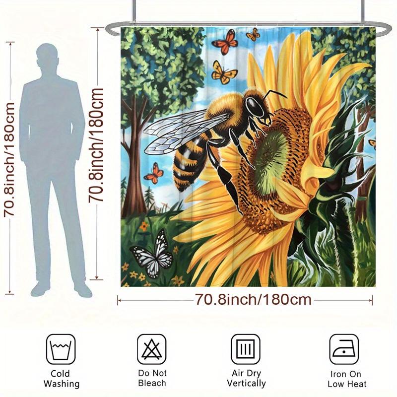 1Pc Bee & Sunflower Shower Curtain - Butterflies Botanical Art, Polyester, 70.8X70.8 Inches, 12 Hooks, Elegant Bathroom Decor