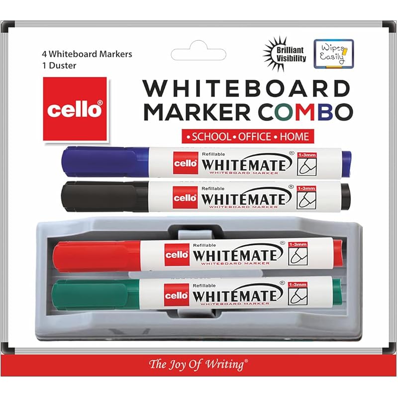 Cello Whitemate Whiteboard Markers | Set Of 4 Markers And 1 Duster | 4 Assorted Ink Colours | Bold Point Marker Pens Wit