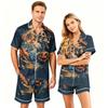 Couple Matching Halloween Pajama Set Short Sleeve Button Down Shirt with Curved Hem and Shorts Soft Casual Sleepwear S-XXXXL