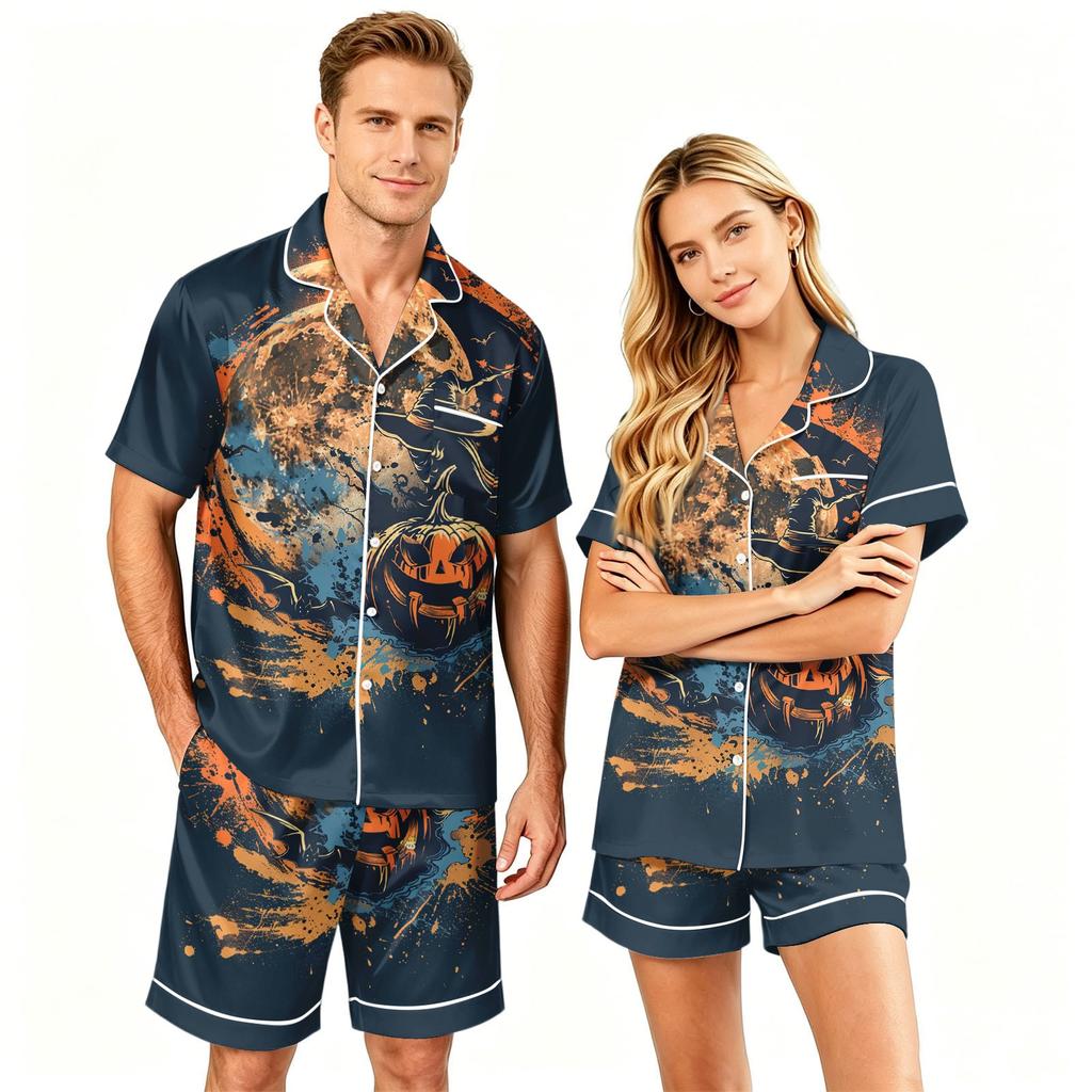 Couple Matching Halloween Pajama Set Short Sleeve Button Down Shirt with Curved Hem and Shorts Soft Casual Sleepwear S-XXXXL