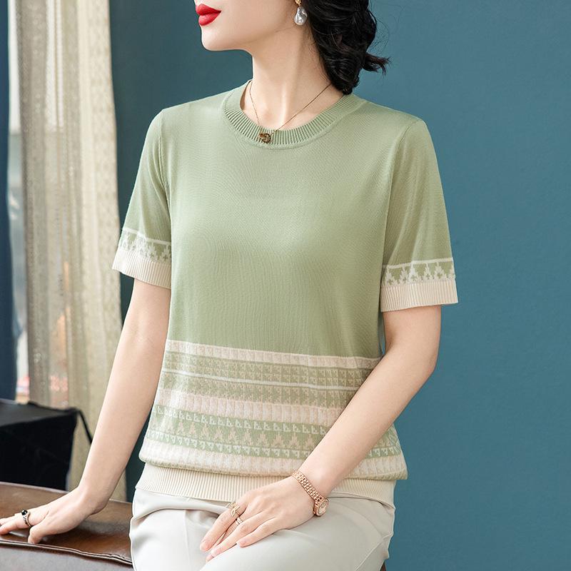 

Mom s Elegant Summer Ice Silk T-Shirt for Middle-Aged Women 3XL (Recommended 60-67.5 kg) зелёный