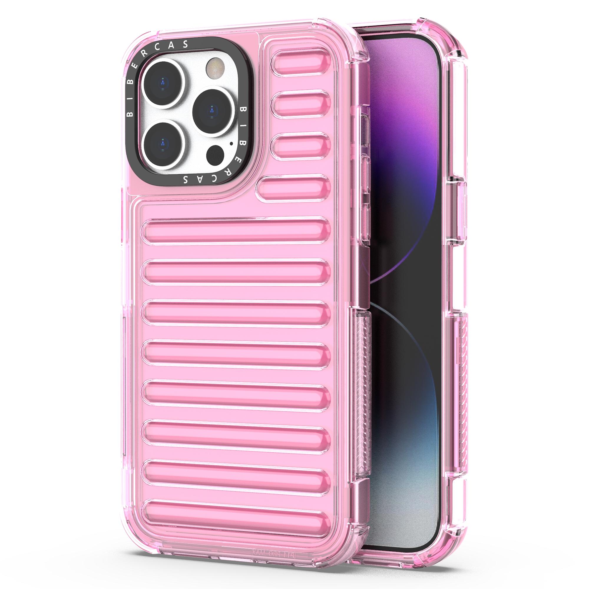 

For iPhone 15 Pro Max Case Stripe Design Anti-Slip Detachable TPU+PC Phone Cover Light Pink
