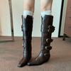 Cowhide version~ Brown boots Femininity pointed V-mouth thin belt buckle but knee high thick heel knight boots