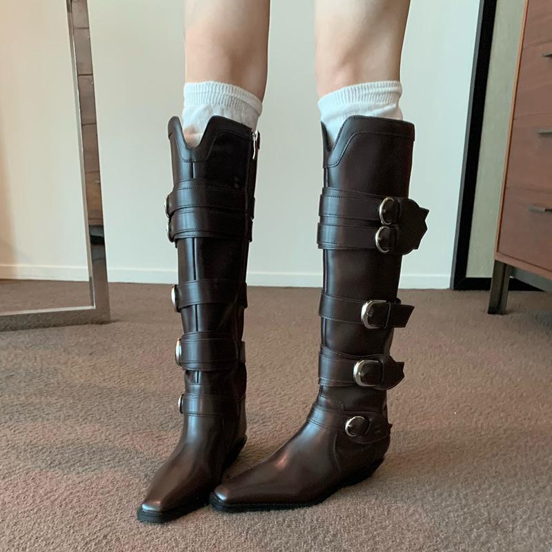 Cowhide version~ Brown boots Femininity pointed V-mouth thin belt buckle but knee high thick heel knight boots