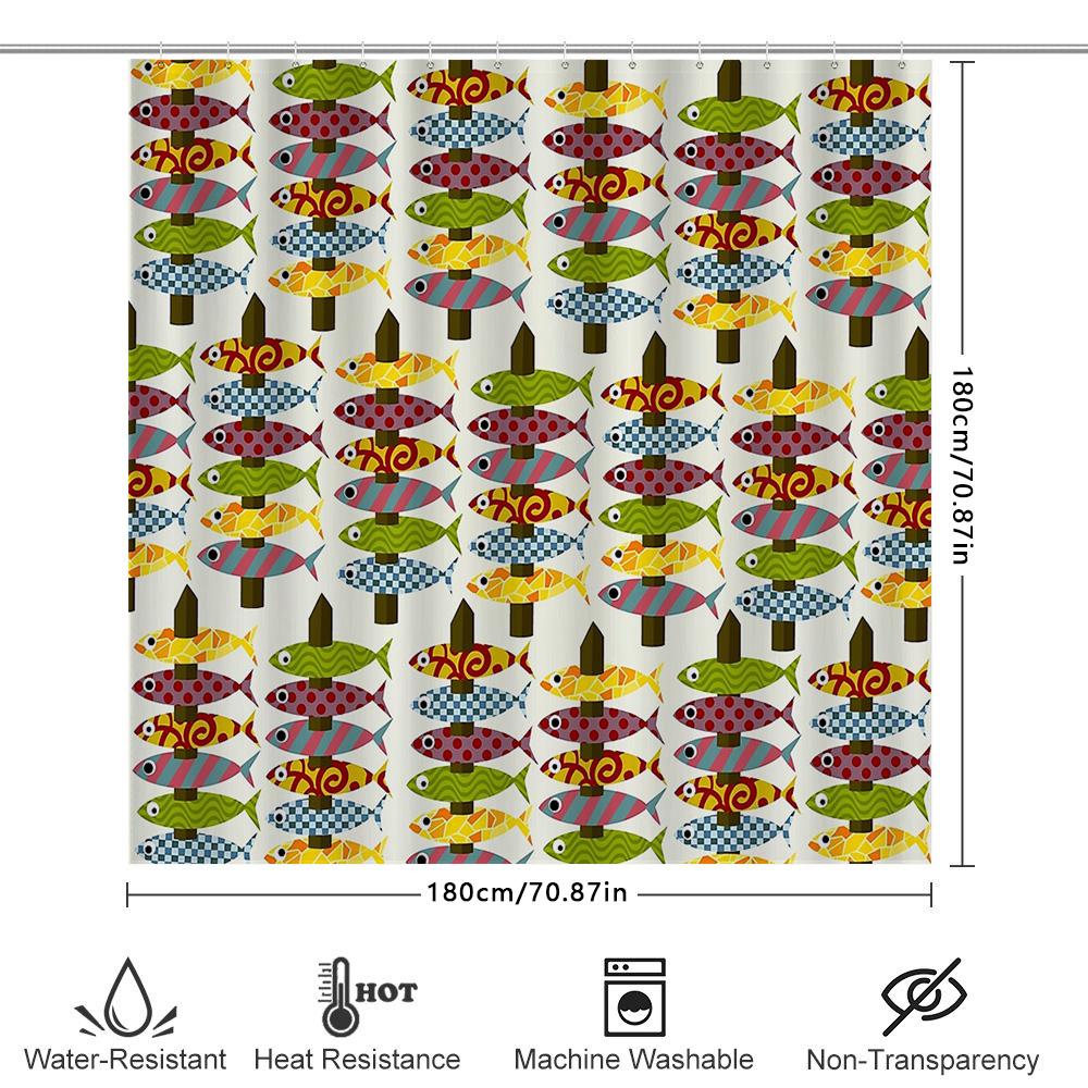 Fish Pattern Shower Curtain Coastal Ocean Sea Life Waterproof Decor Bathroom Set Vintage Nautical Themed Shower Liner