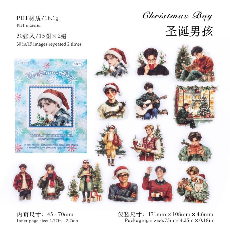 30pcs Retro Christmas Theme PET Stickers Creative Decoration DIY Junk Journal Scrapbook Aesthetic Material Craft Supplies