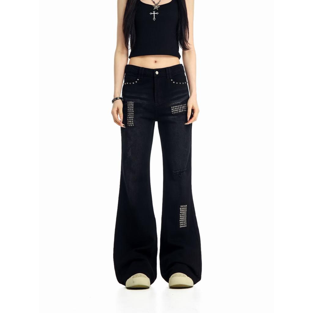 Low waist black slim fit straight rivet jeans American retro autumn pants micro-flared trousers mopping pants cotton