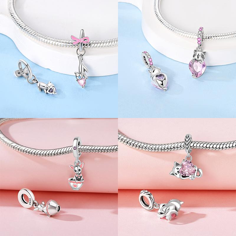 Anniversary Charms Copper Pink Cat Love Heart Beads Fit Original Bracelets Beads Charms Jewelry Making Fine Jewelry Gift