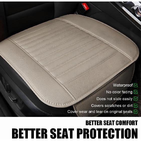 Car Seat Cover for Front Seat, Anti-Slip & Waterproof Leather Auto Front Seat Pad Protector, Durable Driver Bottom Seat Cushion Cover with Storage