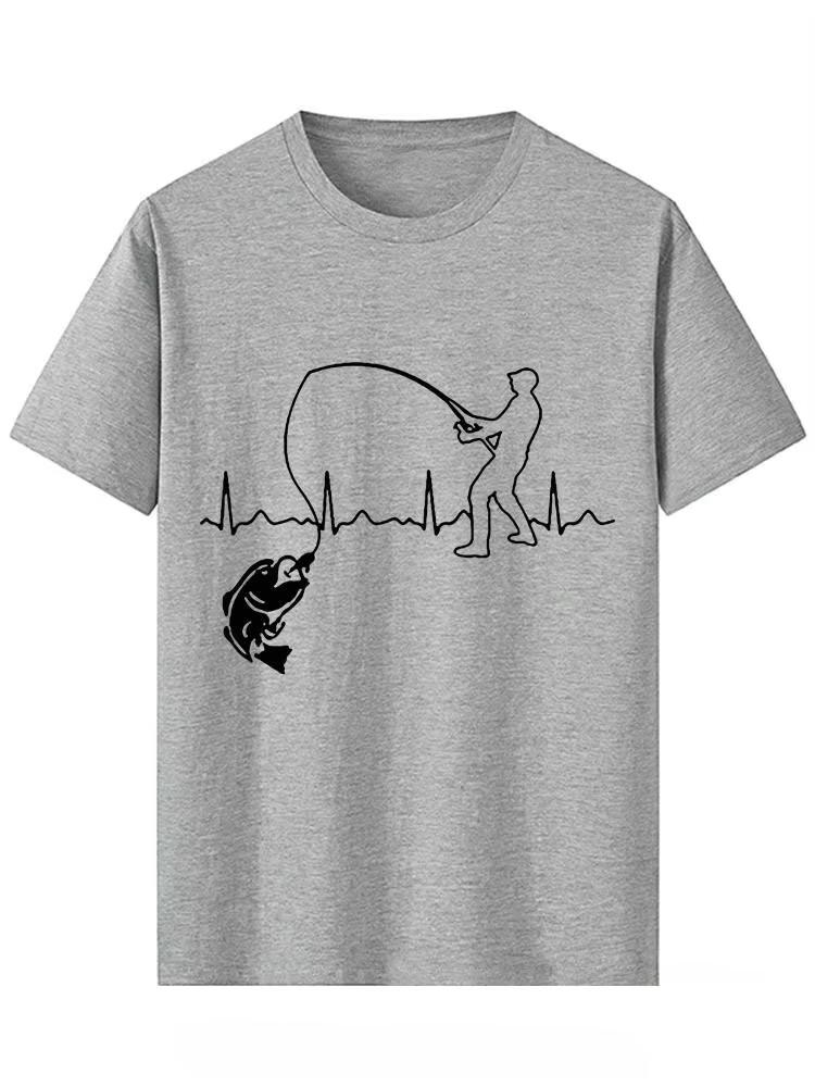 Outdoor Summer Style Eat Sleep Fishing Heartbeat Printed Short Sleeved Mens T shirt Fashion Casual Fisherman Fish Men's T-shirt
