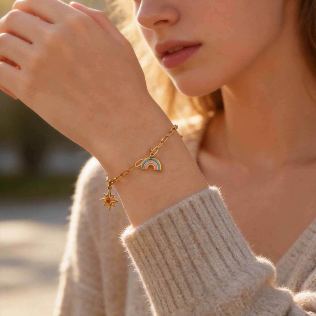Fresh And Sweet Wind Ladies Stainless Steel Sun Rainbow Butterfly Bracelet Gold Jewelry Br-2625