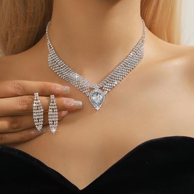 Conjunto de brincos e colar de diamantes da moda, conjunto de joias de orelha de colar premium, conjunto de joias de noiva de duas peças