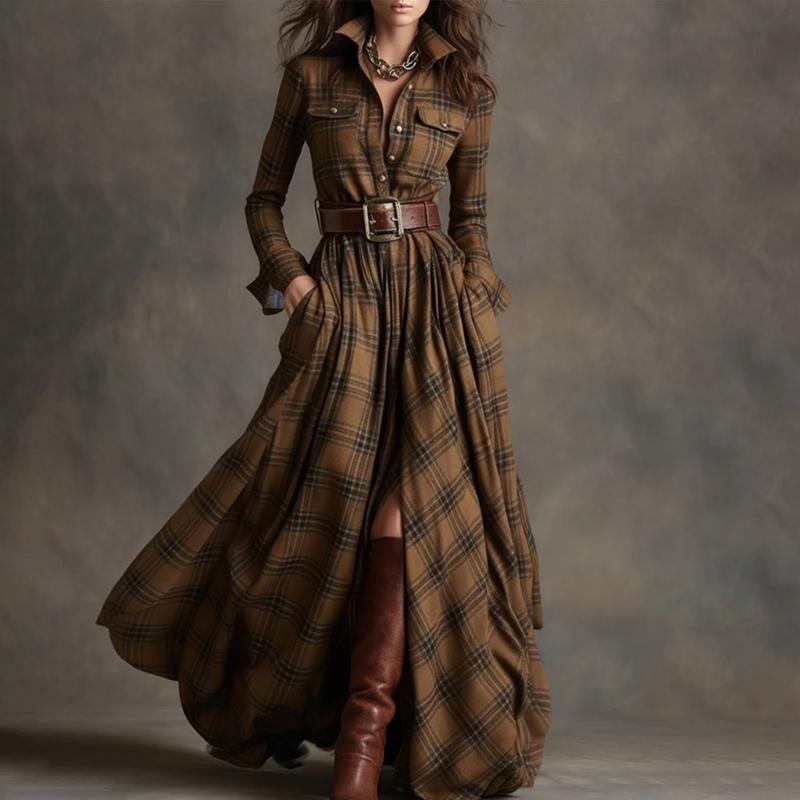 Stylish Irregular Grid Dress Comfortable Polyester Casual Ruffled Shirt Dress for Everyday Use Event and Outings