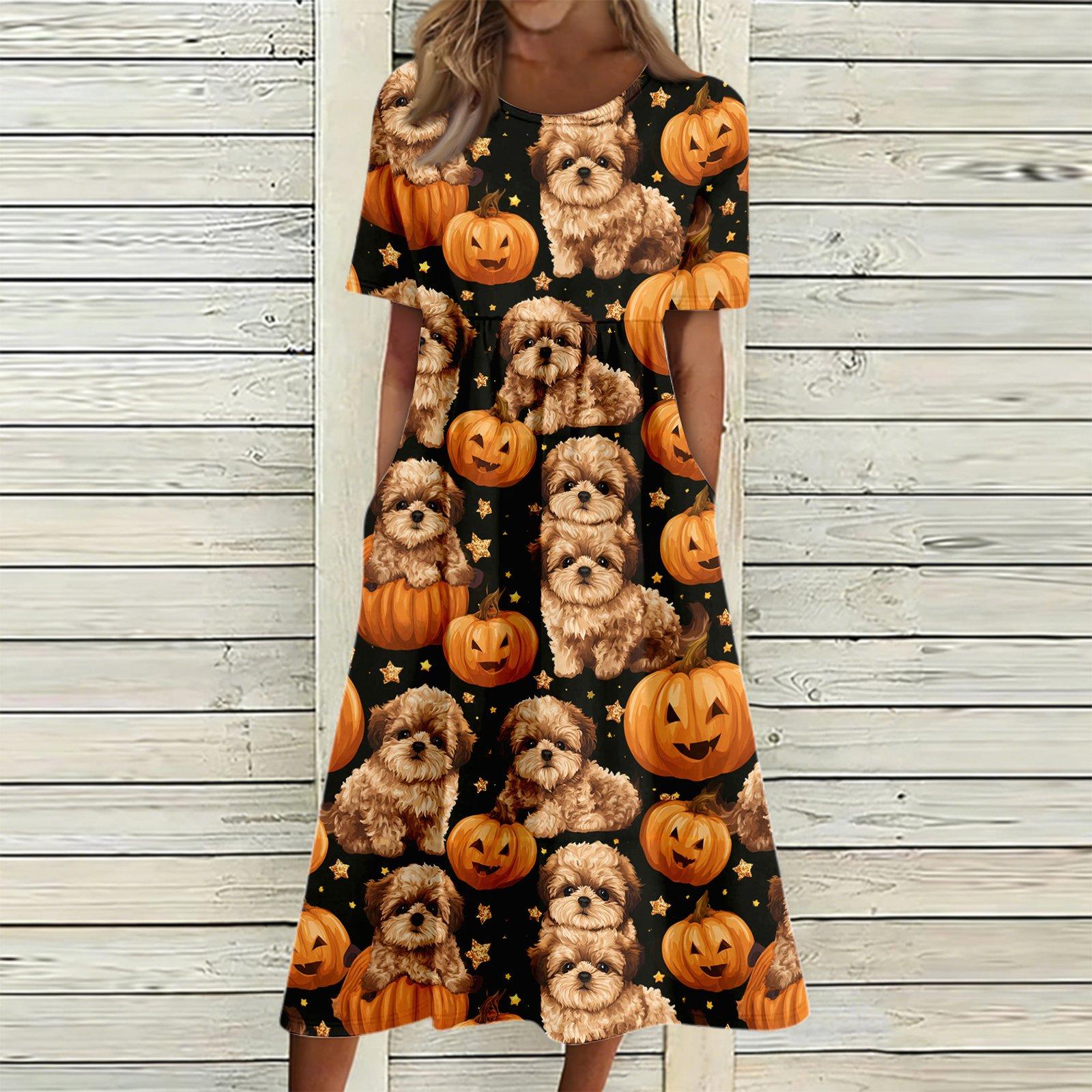 Women s Casual Halloween Print Dress with Round Neck and Pockets for Parties S