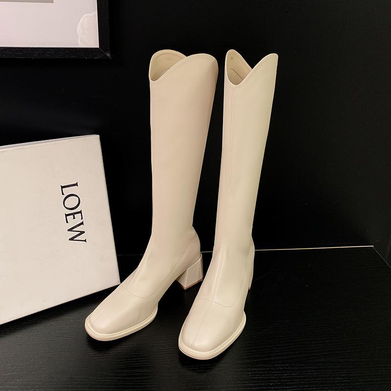 ~ White mouth boots for women's autumn and winter new white thick heels but knee high boots for women