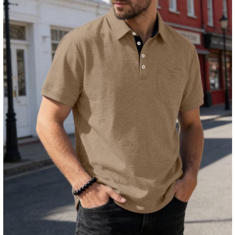 Men Solid Loose Short Sleeve Pocket Business Casual Turn Down Collar Polo Shirt