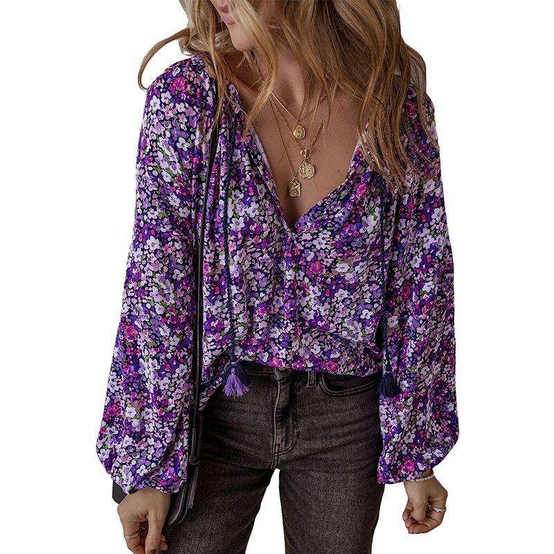 

Мода Мода Ретро Цветочный Принт Шифоновая Блузка Женская 2025 Ранняя Осень Новое Поступление Свободный Пуловер с V-образным вырезом и Пышными Рукавами Purple Size S fit (45.00 kg-55.00 kg