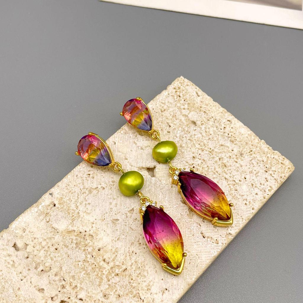 Original Japanese & Korean Iridescent Water Drop Crystal Glass Freshwater Pearl Tassel Earrings - Niche Design Ear Jewelry.