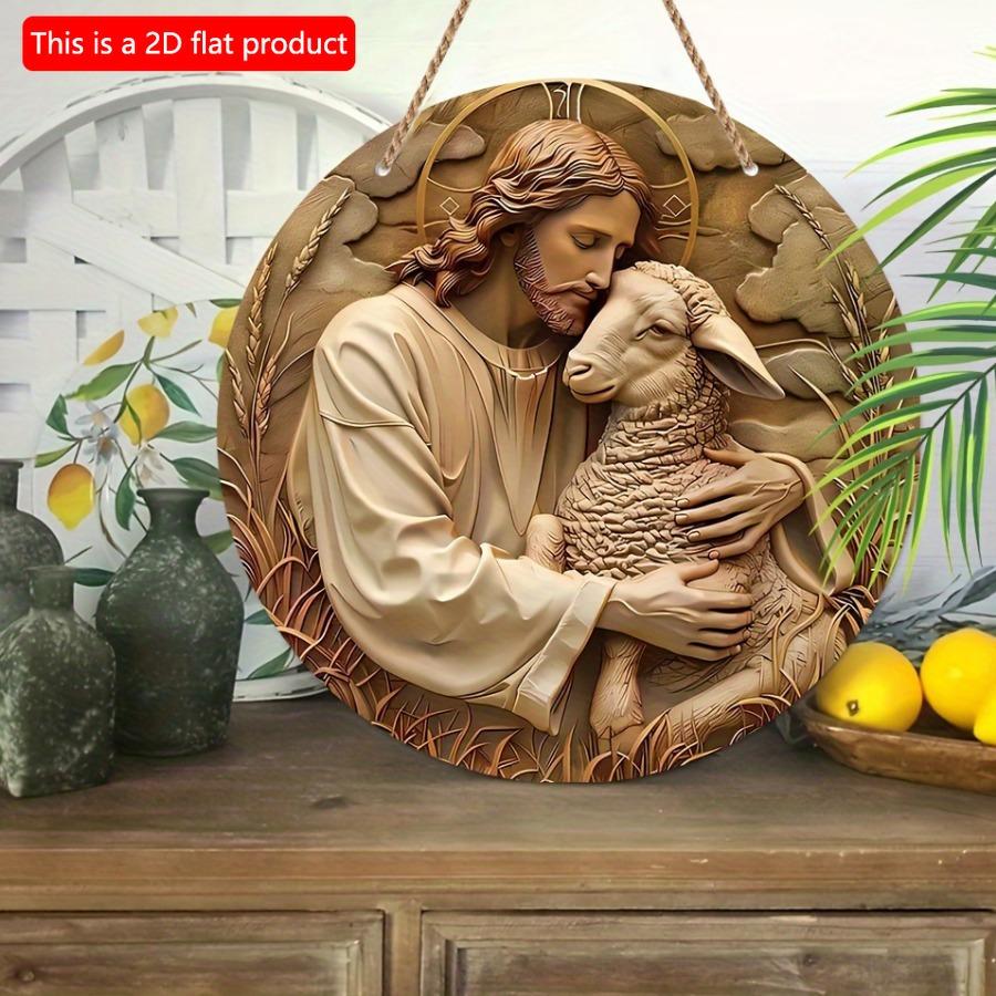 1ks 2D Plochý Kulatý Dřevěný Znamení Věnec Ježíš a Ovce - 20cm Klasická Nástěnná Dekorace, Slavnostní Vánoční Dárek, Víceúčelová Domácí a Pokojová Dekorace, Ne