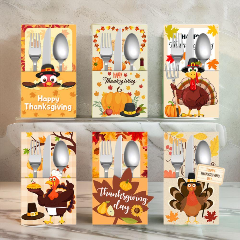 6pcs Autumn Theme Desktop Cutlery Holder Bags Turkey Maple Leaf Tableware Cover Autumn Harvest