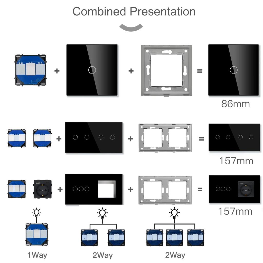 BSEED Wall Touch Switch 1/2/3Gang 1/2Way Light Switch Dimmer Function Parts Glass Panel Frames EU Wall Sockets DIY Parts Only