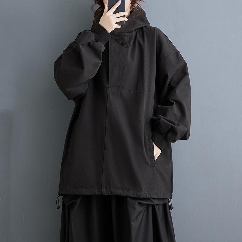 Long Sleeve Plus Size Black Hooded Tops Women Casual Loose Spring Autumn Pullover Overcoat