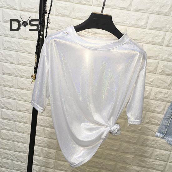 Dámské funkční triko s kulatým výstřihem, krátký rukáv, volný střih, třpytivé reflexní triko Tričko Party Dance Pullover Top