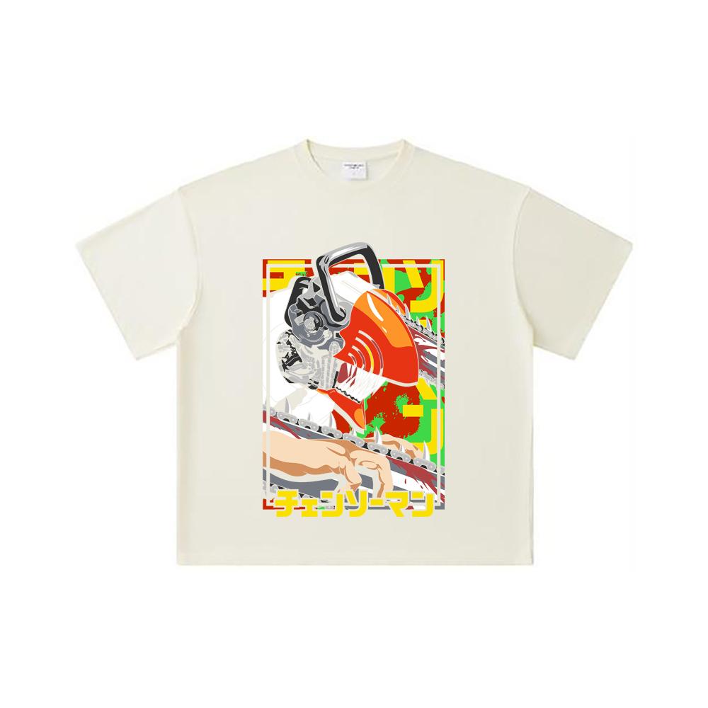 

260 GSM Double Yarn 32 Count 100% Cotton Chainsaw Man V5 Denji Print Unisex Heavy Cotton T Shirt S