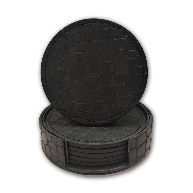 Crocodile Pattern Round PU Leather Coaster Set - Heat Resistant Table Mats Single Coaster: 10CM чёрный