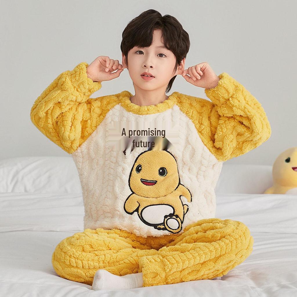 New Boys' Flannel Pajama Set - Warm Autumn/Winter Coral Fleece