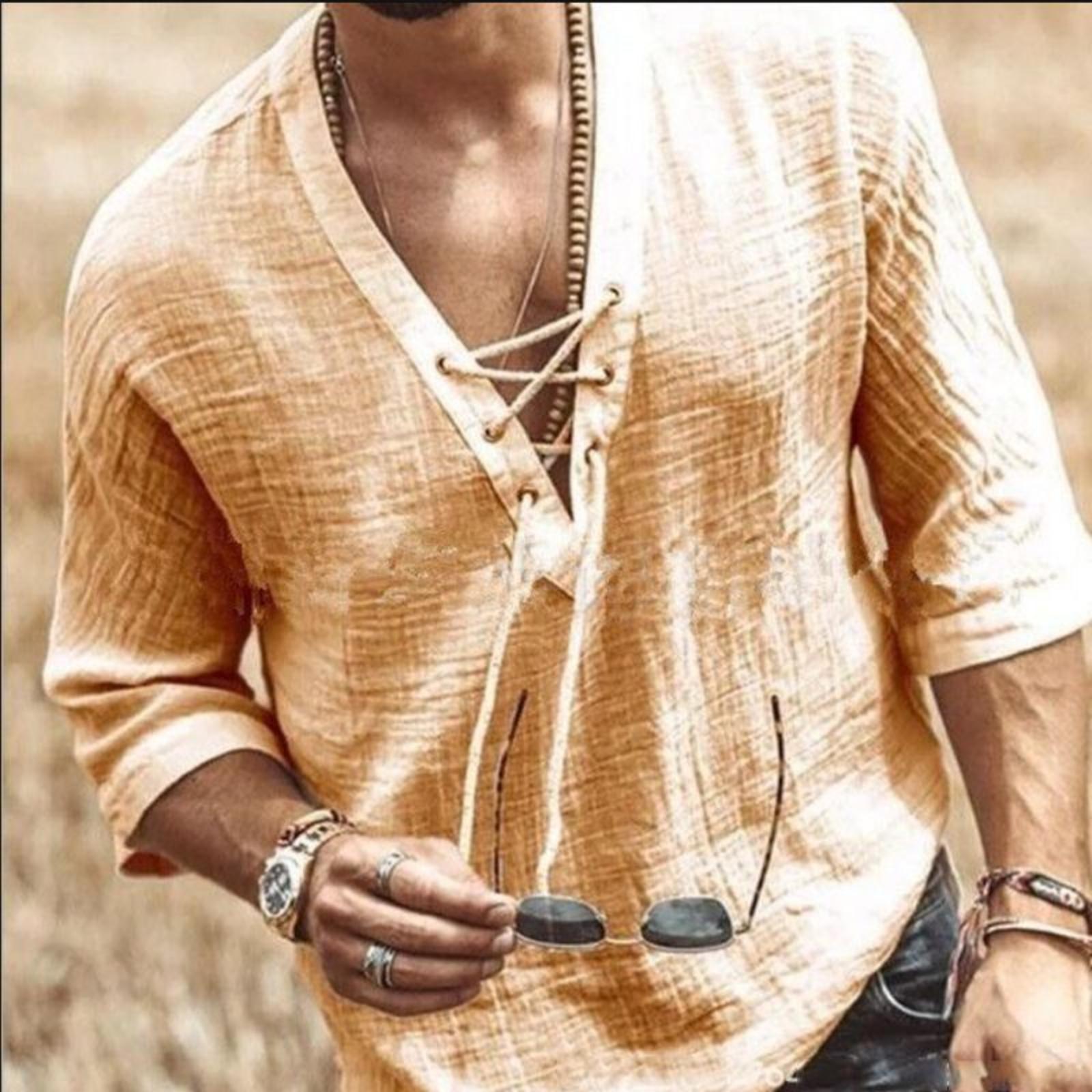 

Men s Color Mid,Length Sleeve V,Neck T,Shirt With Chest Tie M жовтий