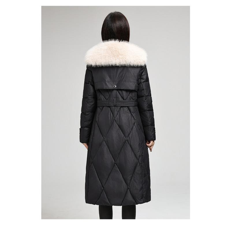 Elegantní a zeštíhlující dlouhý péřový kabát s velkým kožešinovým límcem pro dámskou zimní módu