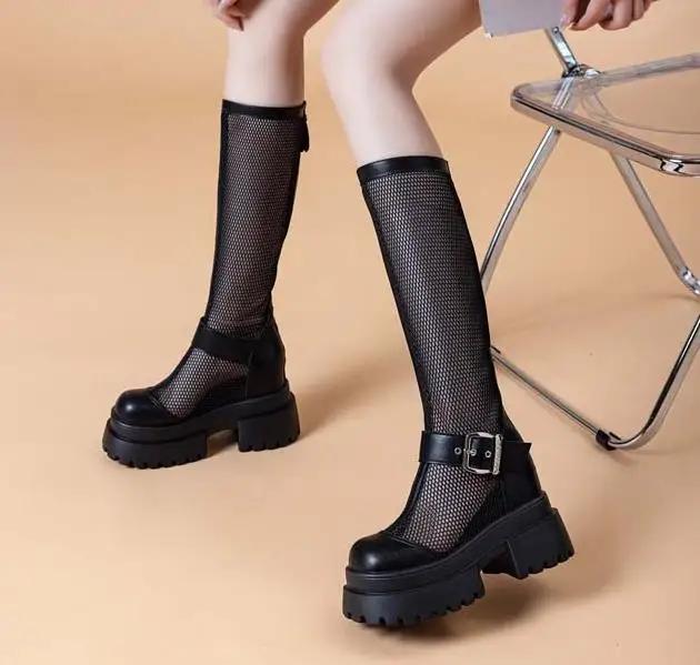 Fashion 10CM Air Mesh Patent Leather Boots Chimney Summer Motorcycle Sandals Hollow Ankle Knee High Booties Women Fashion Casual Shoes