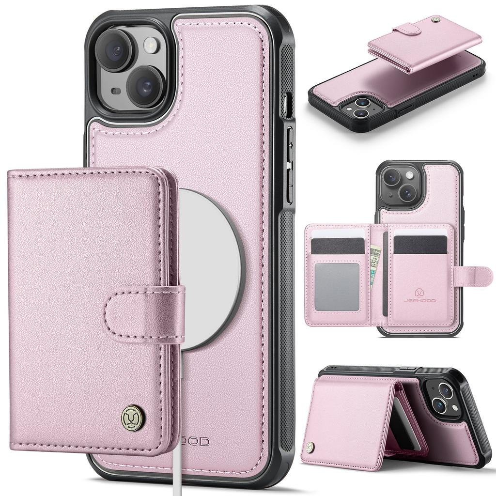 For iPhone 15 Case JEEHOOD J09 RFID Blocking Card Holder Leather Back Phone Cover Compatible with MagSafe