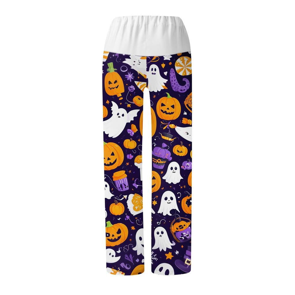 Women's Drawstring Elastic Waistband Wide Leg Color Matching Halloween Printed Casual Pants
