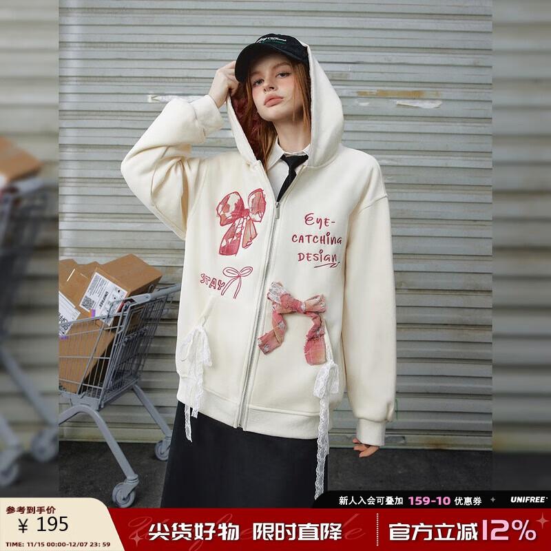 

UNIFREE Bow Print Lace Trim Hooded Sweatshirt M
