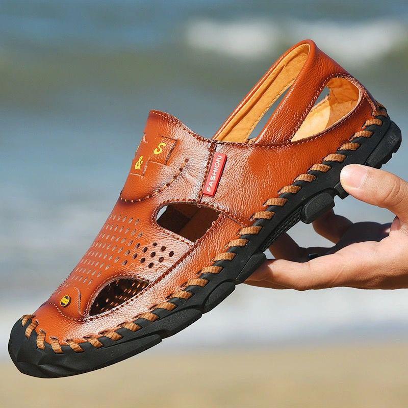 Fashion 2025 Men Genuine Leather Shoes Men's Sandals Durable Handmade Stitching Close Toe Non Slip Shoes For Indoor Outdoor Beach
